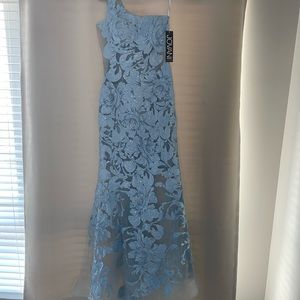 JOVANI LIGHT BLUE SEQUIN PATCH FLOWER GOWN